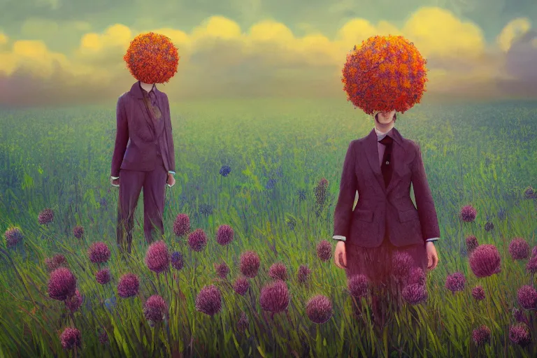 Prompt: huge thistle flower under head, a girl in a suit in field of flowers, surreal photography, sunrise, blue sky, dramatic light, impressionist painting, digital painting, artstation, simon stalenhag