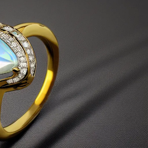 Prompt: a gold ring with an iridescent colored diamond, close up photo, studio photo, realistic, ultra detailed.