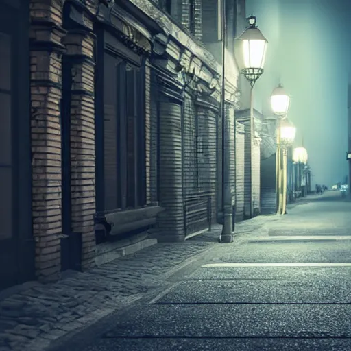 Image similar to lonely old lantern on empty modern street at night, photorealistic