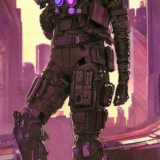 Image similar to Selina. USN special forces futuristic recon operator, cyberpunk military hazmat exo-suit, on patrol in the Australian autonomous zone, deserted city skyline. 2087. Concept art by James Gurney and Alphonso Mucha