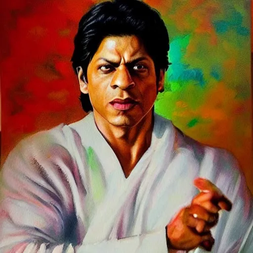 Prompt: a realistic painting by Raffaello Sanzi depicting the Shahrukh Khan in assamese traditional bihu dress with gamosa, smooth,Sharp focus, trending on Artstation.