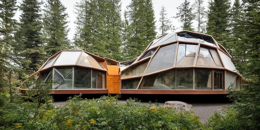 Image similar to large geodesic dome residence, pacific northwest, cedar and white concrete, many windows, triangular elements designed by frank lloyd wright and olson kundig