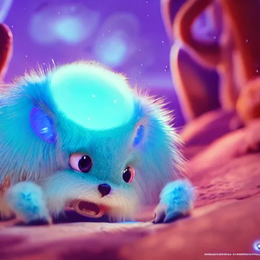 Image similar to tiny furry creature, round, micro - organisms, center, symmetric, rim light, tilt - shift, marine microbiology, bioluminescence, electric, fur, soft, concept art, intricate details, highly detailed, colorful, photorealistic, disney pixar, octane render, iridescent, anime, 8 k