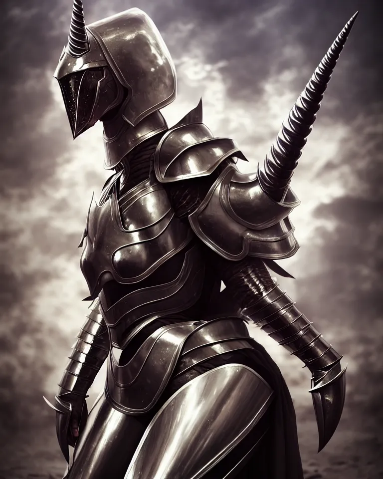 Image similar to epic portrait of female alien unicorn in plate armour by cleavanger and elvgren epic awesome symmetrical octane vfx maya render realistic