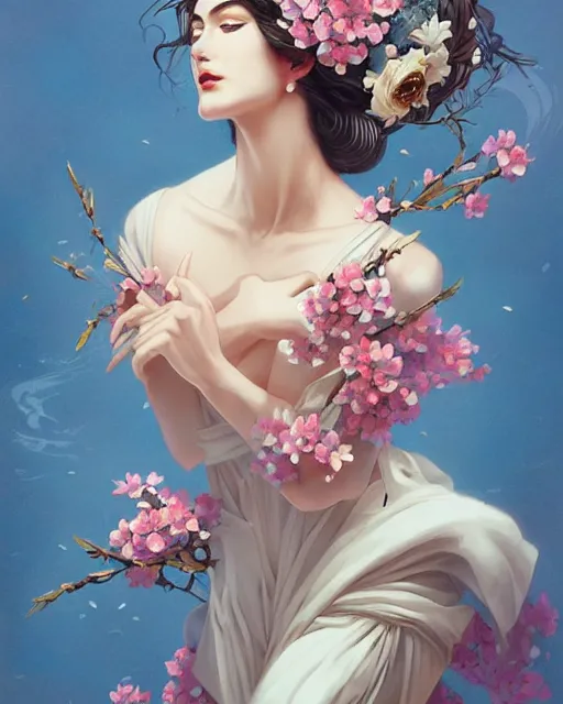 Prompt: Beautiful greek goddess covered in flowers wearing a silk kimono, artgerm, peter mohrbacher, artstation