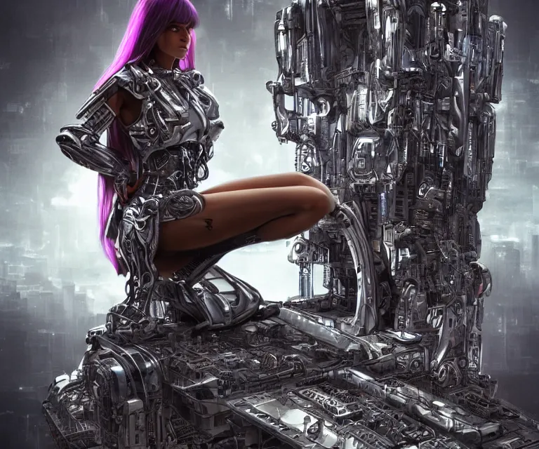 Image similar to majestic cyborg princess sitting on a metal throne in a futuristic castle, cyberpunk, highly detailed, sharp lines