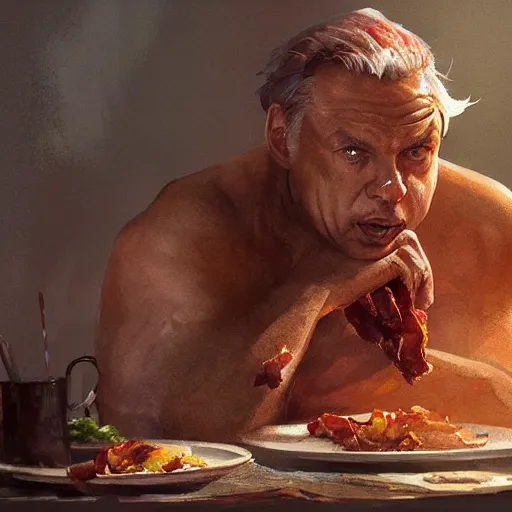 Image similar to viktor orban with detailed eyes, sitting on a large pile of bacon by greg rutkowski