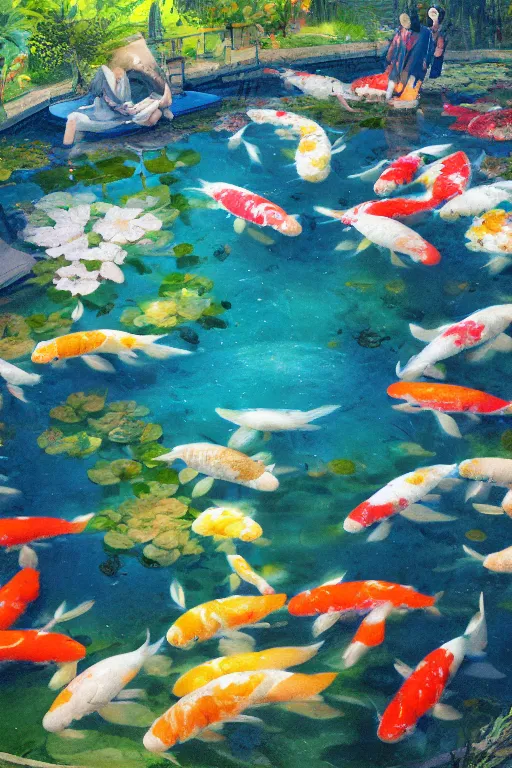 Image similar to nenufar in a pond surrounded by koi carp, colorful, blue backgroung,clean, joyful, intricate, elegant, volumetric lighting, scenery, digital painting, highly detailed, artstation, sharp focus, illustration, concept art, ruan jia, steve mccurry