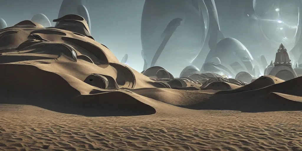 Prompt: a Dune ancient futuristic city, landscape, Dune movie, brutalism architecture, photo-realistic, photography, detailed, unreal engine, epic composition, shiny sand