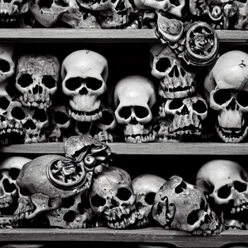 Image similar to Skulls lying on a shelf. Close Up Shot, Dark Fantasy, Film Noir, Black and White. High Contrast, Mike Mignola, D&D, OSR, Glowing