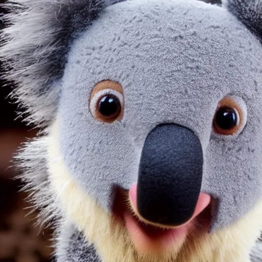 Image similar to adorable cute koala as a muppet, intricate detail, beautiful aesthetic, photorealistic, award winning professional cinematic composition, backlit, rim lighting, 8 k