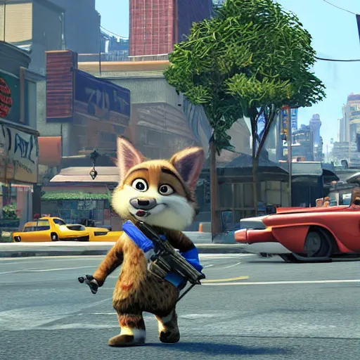 Prompt: Gameplay screenshot from the upcoming Rockstar Games release, Grand Theft Auto: Zootopia