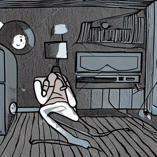 Prompt: cartoon character laying down in a room with black outlining, award winning, digital art, eerie