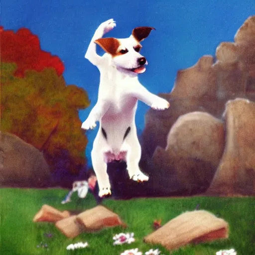 Image similar to a parson russell terrier dog jumping in the air, children's illustration