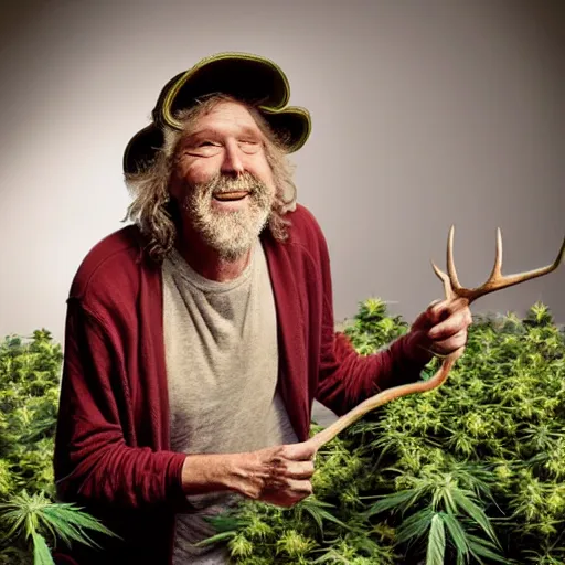 Image similar to intoxicated lazy older hippie wearing twigs and leaves and antlers smiling sheepishly in a field of cannabis plants, highly detailed, dramatic lighting, night time, cinematic, sci - fi, hyperrealistic, detailed