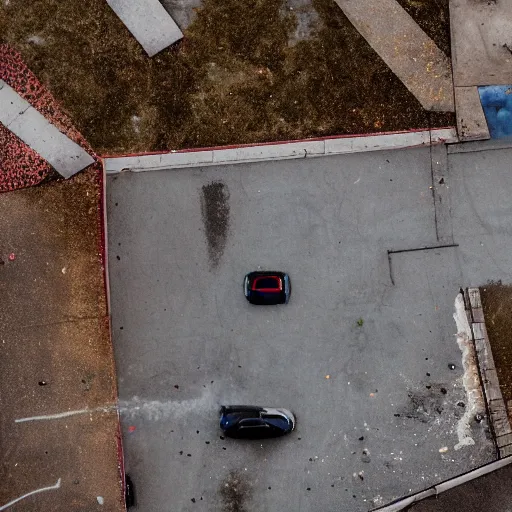 Image similar to aerial photography, a number of car, dust, humus, wet street, graffiti on wall, trash scattered everywhere, abandoned car garage, 8 k, uhd, after rain, cinematic lighting, incrinate