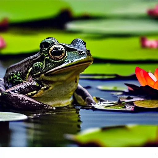 Image similar to close - up of a flirty frog in the pond with water lilies, shallow depth of field, highly detailed, autumn, rain, bad weather, ominous, digital art, masterpiece, matte painting, sharp focus, matte painting, by isaac levitan, by monet, asher brown durand,