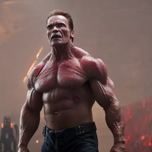 Image similar to film still of Arnold Schwarzenegger as Drax in Guardians of the Galaxy