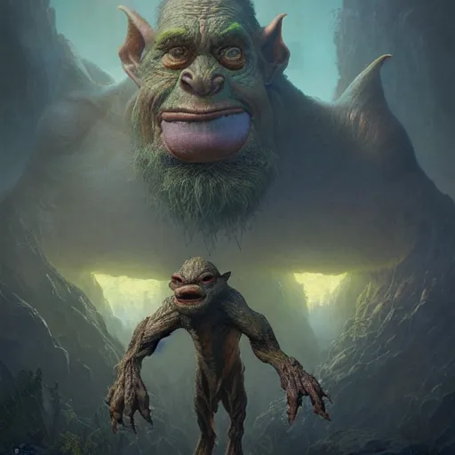 Image similar to a hyperrealistic illustration of a mix of an oger and giant and goblin, 8 k ultra realistic creature, detailed intricate, with fractal sunlight, award - winning, masterpiece, in the style of tom bagshaw, cedric peyravernay, peter mohrbacher