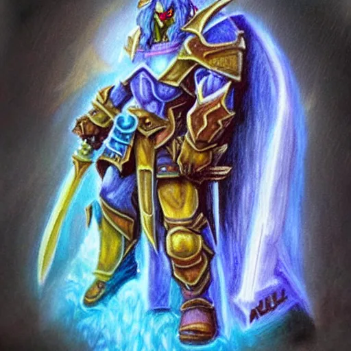 Image similar to a warrior from world of warcraft made from crayons