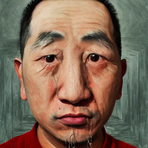 Prompt: photorealistic face portrait of chinese uyghur muslim prisoner, spilled paint, wearing victorian rags, elite, disfigured, drooling, moist, unnatural movement, they are unhappy, bizzaro, baroque, renaissance, by emedios varo and anato finnstark and fenghua zhong, hyperrealism, 8 k, 3 d, masterpiece, texture