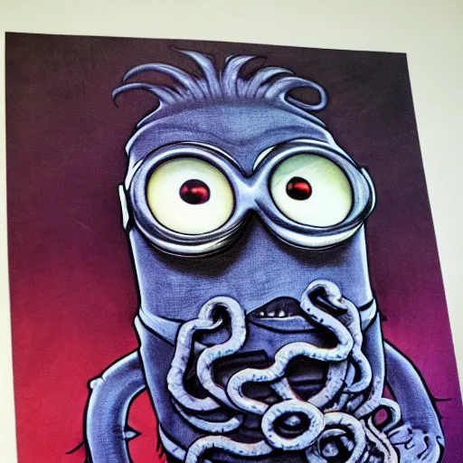 Image similar to Minion as Lovecraft's monster, tentacles, evil, dark colours, high resolution, 50 mm, extremely realistic