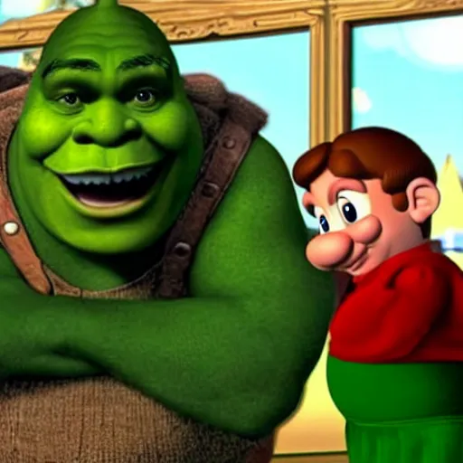 Prompt: A still of Shrek meeting Super Mario for the first time in Shrek (2001) by Dreamworks