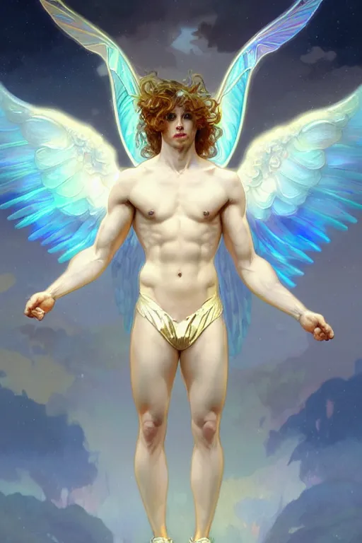 Prompt: fullbody portrait of a beautiful young fit male angel with curly blond hairs, dressed with fluent clothes, majestic symmetrical big wings, luminous halo, by greg rutkowski and alphonse mucha, gradient white to gold, in front of an iridescent background, highly detailed portrait, digital painting, artstation, concept art, smooth, sharp focus illustration