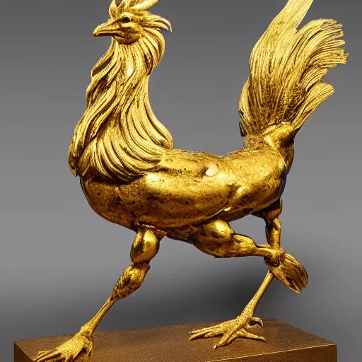 Image similar to a golden rooster sculpture presented in a museum, realistic, ultra high detail, 8 k.