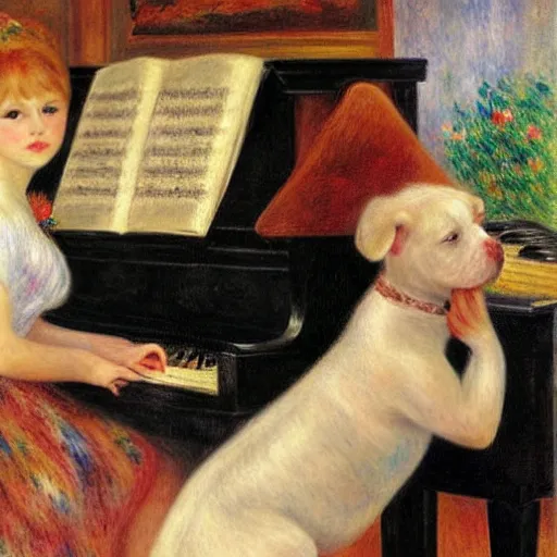 Image similar to girl with curly blonde hair sits at a piano in a music room, white pitbull lays on the floor, painting by renoir