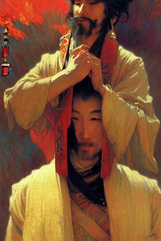 Image similar to attractive man, tang dynasty, cool colors, painting by gaston bussiere, craig mullins, greg rutkowski, alphonse mucha