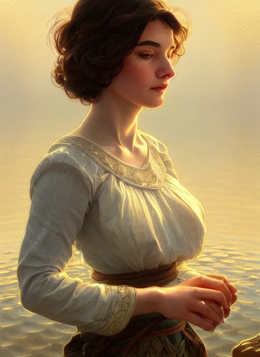 Image similar to full body portrait of a woman with short wavy hair, round face, cottagecore!!, lake water, intricate, enlightenment, highly detailed, digital painting, artstation, concept art, smooth, sharp focus, illustration, art by artgerm and greg rutkowski and alphonse mucha