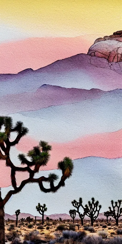 Image similar to hyper detailed Joshua tree desert watercolor painting, boho, mid century, modern, beige and Grey sunset, finely detailed, hd, 8k minimalism, edge to edge, 8k