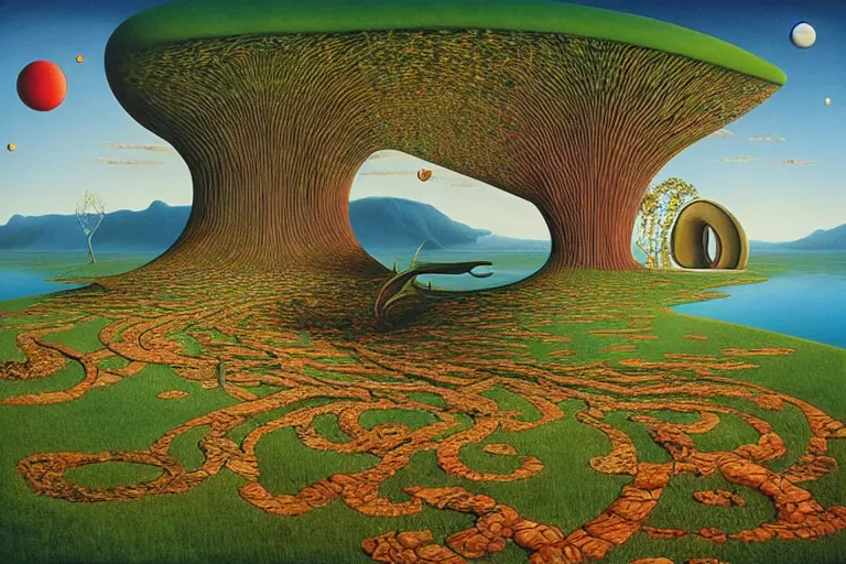 Image similar to the path less taken by jacek yerka, roger dean and salvadore dali