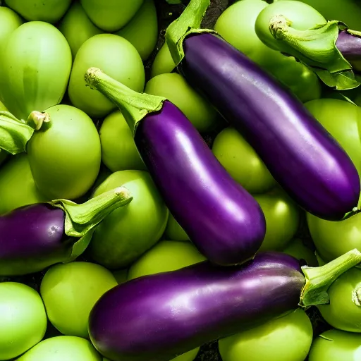 Prompt: an eggplant exploding into eggplants, award-winning photography