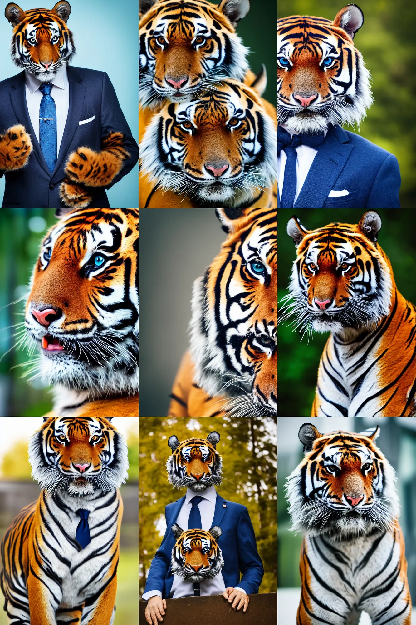 Prompt: high quality portrait photo of an tiger dressed in a business suit and tie, Anthropomorphic portrait, photography 4k, f1.8 bokeh, 4k, 85mm lens, sharp eyes, blue eyes, looking at camera