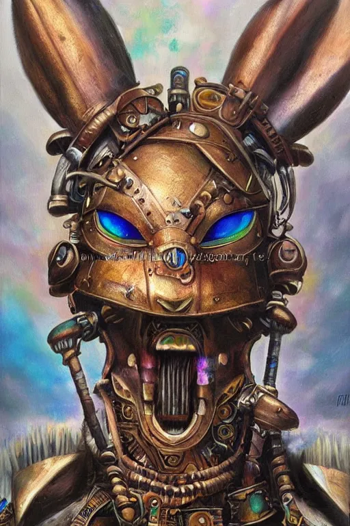 Image similar to ultra realist soft painting of a steampunk rabbit berserker warrior, very intricate details, rainbow lighting, symmetry features