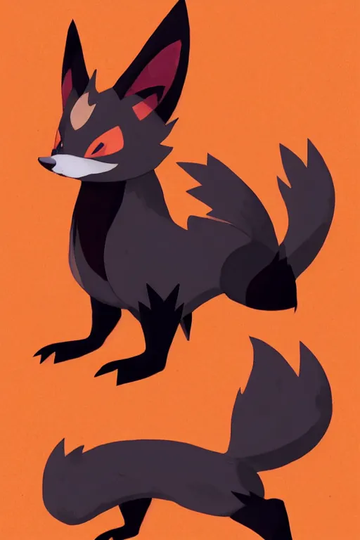 Prompt: zorua pokemon, stylised fox - like appearance, black and auburn colour pallet, thick furry neck and chest fluff, stylised paintbrush end with ink on top of head as hair, pokemon concept art multiple angles, super detailed, clean lines, digital art