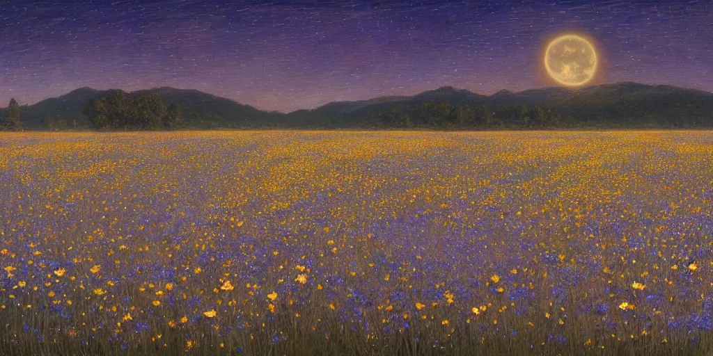 Prompt: field of flowers at night, lit by moonlight, grand landscape art by donato giancola and greg rutkowski, vintage retro, digital art, trending on artstation, symmetry!!, volumetric lighting