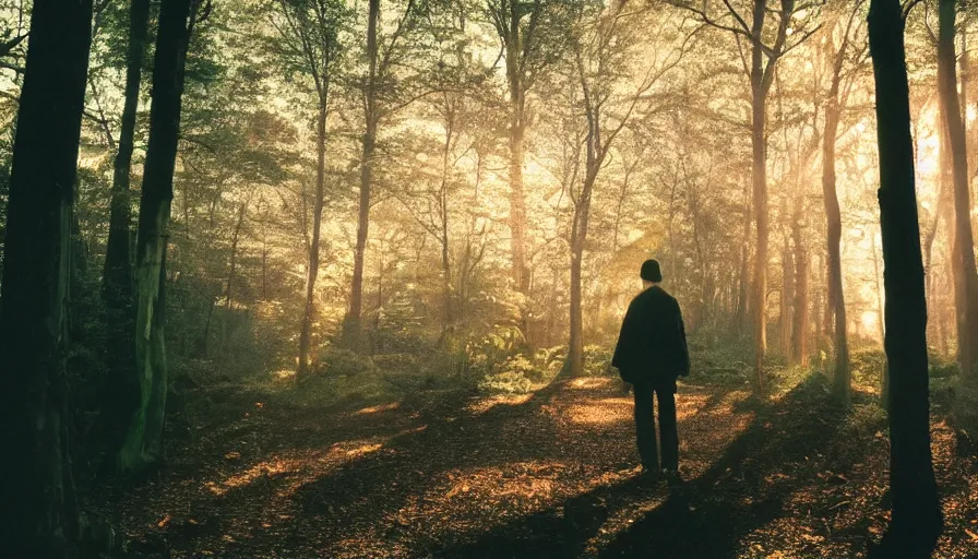 Prompt: 1 9 9 0 s candid 3 5 mm photo of a beautiful forest in tokyo, cinematic lighting, cinematic look, golden hour, the clouds are epic and colorful with cinematic rays of light, a man walks down the center of the forest with a beanie on, photographed by petra collins, uhd