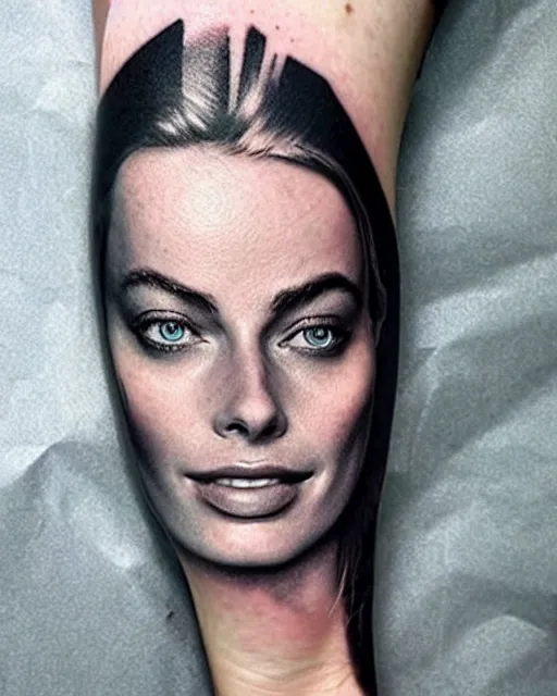 Image similar to creative double exposure effect tattoo design sketch of margot robbie face blended in beautiful mountain scenery, realism tattoo, in the style of matteo pasqualin, amazing detail, sharp