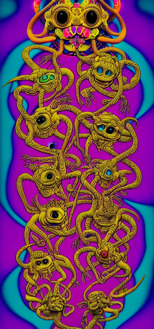 Image similar to dmt creature portraits in the style of kaws, victo ngai, lisa frank, francis goya, basil wolverton, roy litchenstein, mc escher style, dynamic lighting, 8 0 mm photo