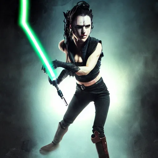 Image similar to evil corrupted rey from star wars, sith lord, dark side, cinematic movie image, both hands raised to use the force, hd photo, full body shot, face focus