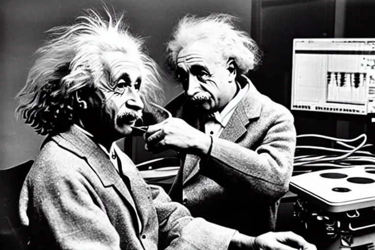 Prompt: Studio photo of Einstein building a PC, detailed, hyper realistic