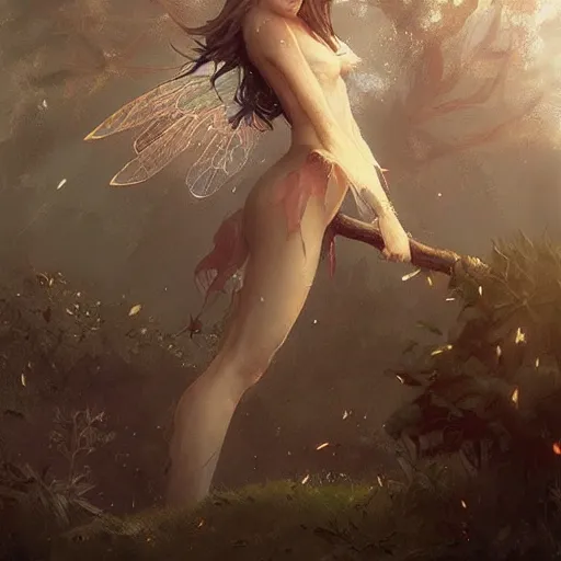 Image similar to “fairy by Greg Rutkowski, realism, fantasy, trending on Artstation”