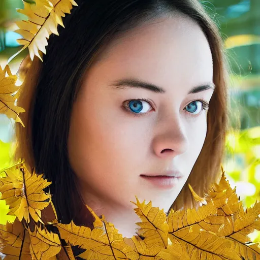 Image similar to portrait photograph of an extremely beautiful!!!! young female , symmetric face!, symmetric round detailed eyes!!, slight smile, natural light, wearing a yellow kimono!! with a very detailed barn owl! on her shoulder in a tropical greenhouse. looking at the camera!!. golden crown made of golden leaves. super resolution. Extremely detailed. Graflex camera!, bokeh!!!!! trending on artstation.