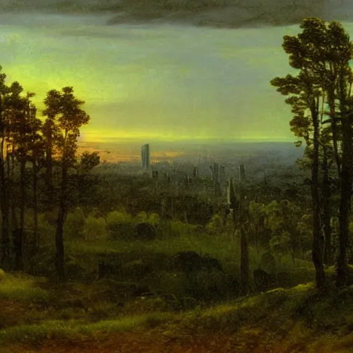 Image similar to city, distant valley, trees, night, dramatic light, oil painting, by caspar david friedrich