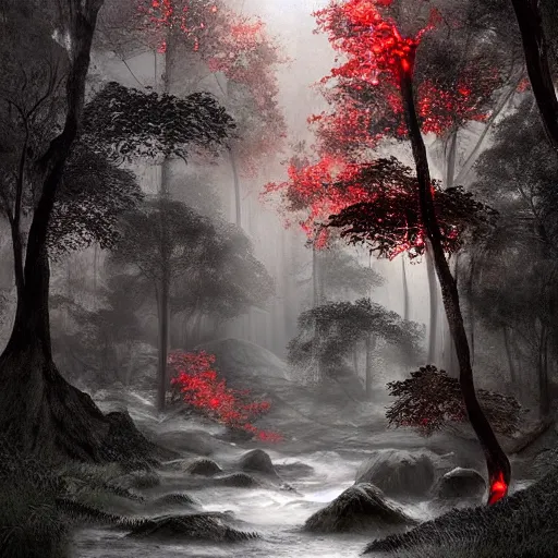 Prompt: (((red glow))) coming from cave entrance in ethereal lush forest with mystical ambiance and fog, desaturated, realistic, sharp focus, highly detailed, by artgerm