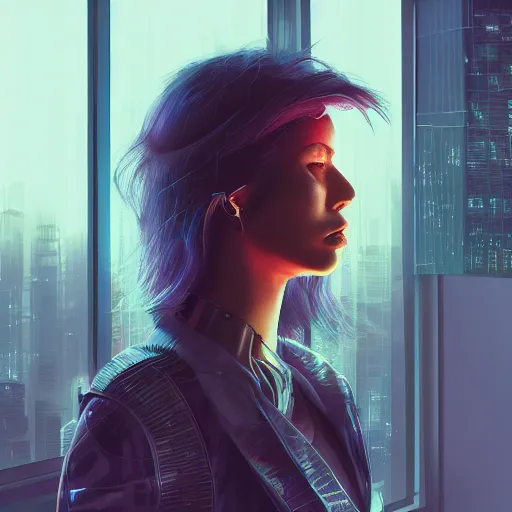 Prompt: portrait of cyberpunk woman looking out of a window, cyberpunk setting, futuristic, highly detailed, intricate lighting, digital painting, sharp focus, illustration, trending on artstation, by johnson ting.