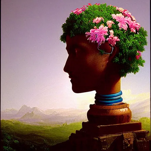 Prompt: a painting by Thomas Cole of a vaporwave robot head with flowers growing out, highly detailed 3d rendering from 1996